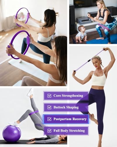 Pilates Essentials Kit for Women, Yoga Starter Set for Home Workouts with Pilates Ring and Yoga Ball Set, 3 Resistance Bands, Storage Bag, Full Pilates Set for Toning Arms, Thighs & Core
