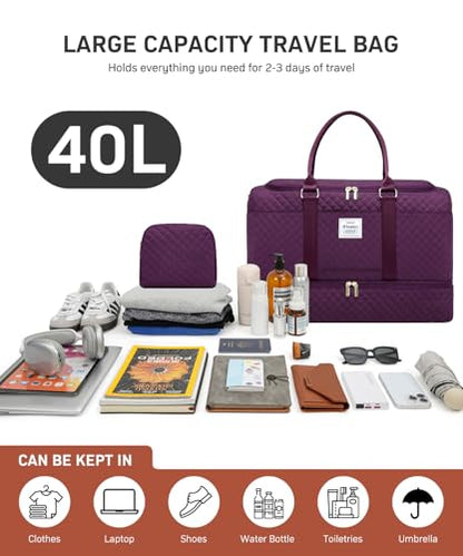 WINDARS Travel Duffle Bag, Weekender Bags for Women with Shoe Compartment, Overnight Bag with Toiletry Bag, Carry On Duffel Bags For Airplanes, Yoga Gym Duffel Bag, Dark Purple - color: Dark Purple