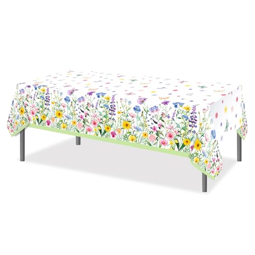1Pc Blooming Wildflower Party Plastic Tablecloth 54 x 87 Inch Long Table Cover, Spring Butterfly Party Tablecover for Floral Theme Kids Baby Shower Birthday Dinner Picnic Kitchen Event - color: Blooming Wildflower