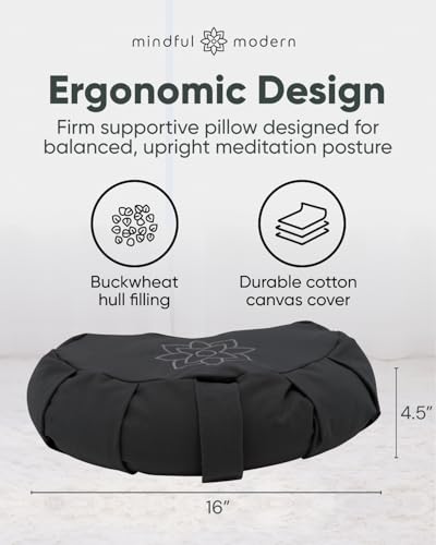 Mindful & Modern Large Meditation Cushion | Zafu Yoga Bolster Meditation Floor Pillow Seat | Buckwheat Hull Filled Crescent Shaped Cushion with Removable Washable Cover + Carry Handle (Minimal Black) - color: Crescent - Black