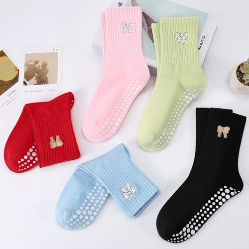 Women's Pilates Grip Socks, Ruffle Non Slip Bow Pattern Yoga Socks | Grippy, Frilly Trim, Embroidery, Crew Length, Soft Cotton, Arch Support, for Barre Ballet Dance Workout Hospital Home Gifts - color: C05-blue(white Bow)*2