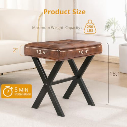 LUE BONA Vanity Stool, Square Faux Leather Makeup Stool with Metal X Legs, Small Ottoman Stool Chair for Vanity, Modern Padded Vanity Seat Foot Rest Stool for Makeup Room, Living Room, Reddish Brown - color: Reddish Brown