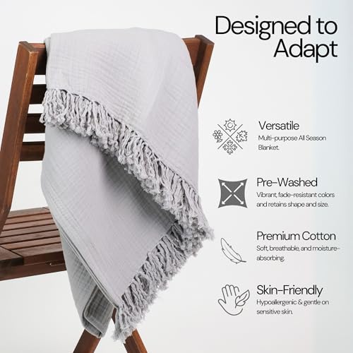 100% Cotton Gauze 50"X60" Throw Tassel 4 Layered Blanket- Scottish Grey | Premium Muslin Blanket for Couch,Bed,Living,Summer Lightweight, All Seasons Blankets & Throws, Boho,Travel & Skin Friendly - color: Scottish Grey, size: 50"X60" Throw