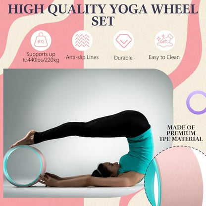 Arrowbash 5-in-1 Pink Yoga Wheel Set Back Stretcher Wheel Deep Tissue Massage Foam Roller Trigger Point Relieve Ball, Resistance Loop Exercise Bands Massage Roller for Deep Tissue Yoga Beginner Gift
