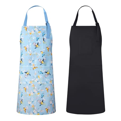 2 Pack Bid Aprons, Adjustable Kitchen Apron with 3 Pockets, Chef Works Apron. - color: Blue/Bird