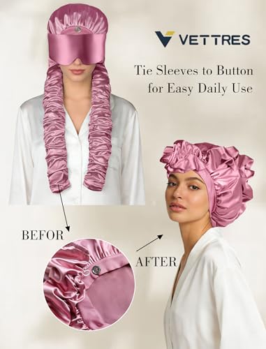 Satin Bonnet for Sleeping with Eye Mask，No Slip Sleep Bonnet with Long Curling Ribbons for Braids & Long Hair - color: Pink