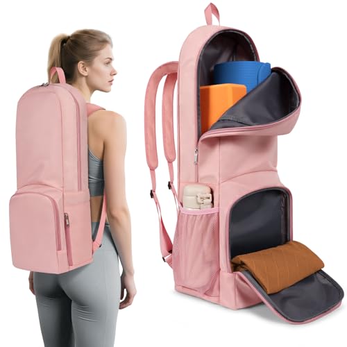 Yoga Mat Bag Carrier Backpack with Multi Pockets | Yoga Mat Holder Waterproof & Zipper Closure, Water Bottle Pocket, Large Capacity, Multipurpose Use - color: Pink