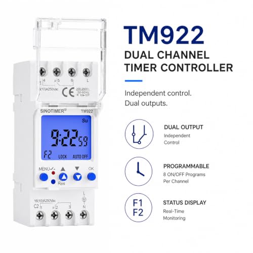 TM922-3 DC/AC 24V Power 2 Channels Big LCD Display Programmable Timer Time Switch Dual-Relay 16A Amp with Blue Backlight - size: Input 24VDC