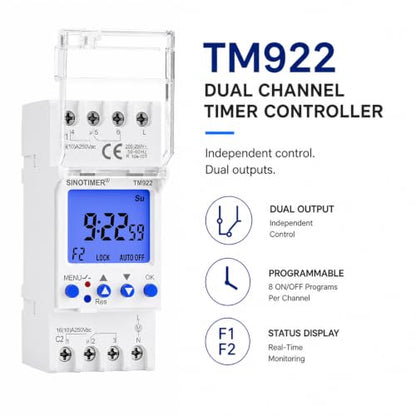 TM922-3 DC/AC 24V Power 2 Channels Big LCD Display Programmable Timer Time Switch Dual-Relay 16A Amp with Blue Backlight - size: Input 24VDC
