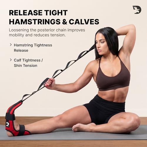 DMoose Fitness Foot & Calf Stretcher with Adjustable Padded Stretching Strap for Plantar Fasciitis, Hamstring, Heel Spurs and Achilles Tendonitis Relief - Yoga Leg Stretch Strap for Flexibility - color: Red