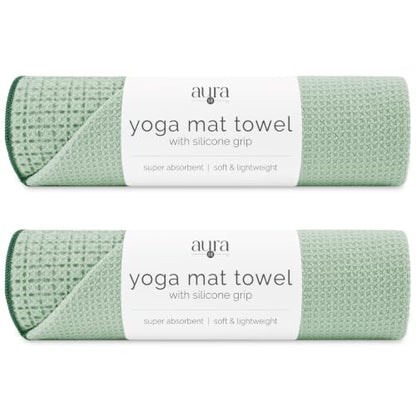 S&T INC. Aura Microfiber Yoga Mat Towel with Grip, 2 Pack, 24" x 72", Green | Silicone Grip Backing, Soft and Absorbent, Quick-Dry for Gym, Pilates, and Hot Yoga, Compact for Gym Bag, Machine Washable - color: Green 2pk