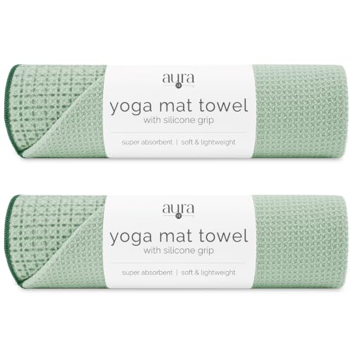 S&T INC. Aura Microfiber Yoga Mat Towel with Grip, 2 Pack, 24" x 72", Green | Silicone Grip Backing, Soft and Absorbent, Quick-Dry for Gym, Pilates, and Hot Yoga, Compact for Gym Bag, Machine Washable - color: Green 2pk