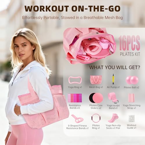 Uyittour 16PCS Pilates Kit for Home Workouts, Essential Equipment Set with 12'' Ring & 9” Ball, 5 Resistance Bands - Pilates Starter Kit for Women, Full Body Toning & Strength