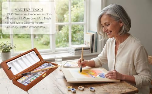 Professional Watercolor Paint Set - 24 Half Pan Highly Pigmented Transparent Water Color Adult Paints with #4 Synthetic Water color Brush, Ceramic Mixing Palette & Wooden Box Gift Watercolor Kit