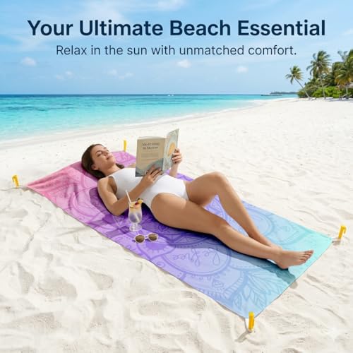 YunTu Bohemia Oversized Sandproof Beach Towel Blanket with Detachable Pillow & 4 Wind Anchors and Pocket, Extra Large Microfiber Mandala Beach Mat for Travel, Camping, Hiking(Mandala 4) - color: Mandala 4