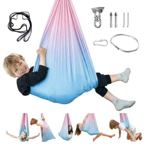 Aokitec Sensory Swing for Kids & Adult, Indoor Outdoor Cuddle Hammock Chair | Therapy swing, Special Needs, Autism, ADHD, Adjustable, Soft Nylon 300LB Capacity, 360 Swivel Hanger, All Hardware Included - color: Pink+blue