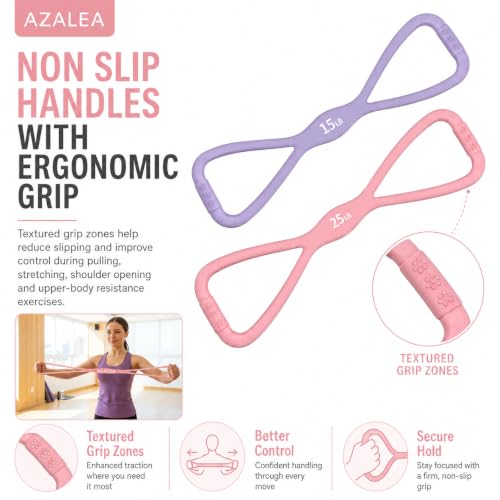 AZALEA Figure 8 Resistance Bands, Silicone Stretch Bands with Handles | 2 Pack Figure 8 Resistance Bands, Non-Slip Grip, 15LB 25LB Resistance for Arms, Back, Legs, Glutes, Yoga Pilates Home Workout