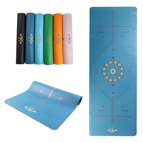 Aloha Bliss 요가 매트 - 182.9 x 68.6cm(72 x 27인치) - 미끄럼 방지 천연 고무 - 친환경 및 땀 방지 - 두꺼운 - 요가, 필라테스, 핫 요가 및 피트니스에 적합 - color: 레이크 블루