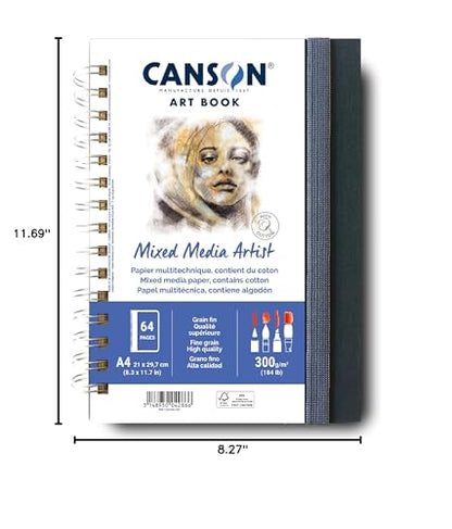 Canson Mixed Media Art Book, 8.3x11.7 inches, 56 Sheets, Blue Cloth Hardcover, Side Wire - Professional Artist Notebook for Painting, Sketching, Drawing - size: 8.3x11.7 inches