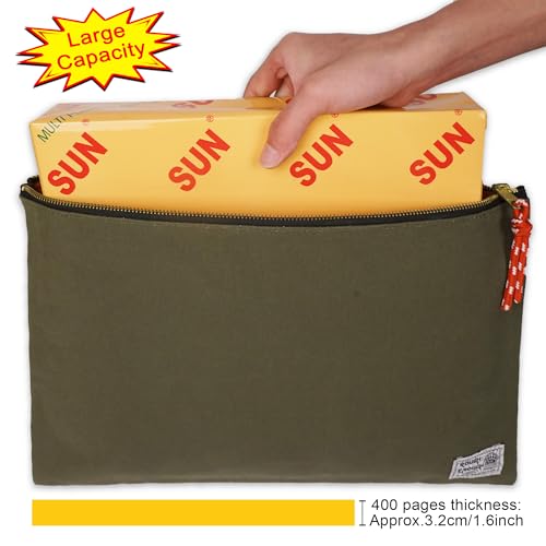 Rough Enough Important Document Storage, File Folder Organizer Pouch Green | 16oz waxed canvas, Water-Resistant nylon, YKK zipper. 16x11in fits even a tablet，Red inner lining，Office and travel