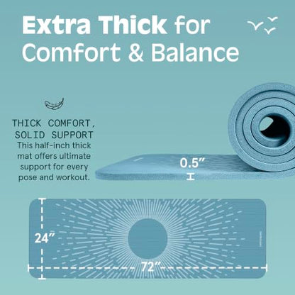 Retrospec Solana Yoga Mat Thick 1/2in Non-Slip Workout Mat with Nylon Strap - 72x24in Exercise Mat for Pilates, Stretching & Fitness - BPA Free, Easy Clean - color: Blue Mist