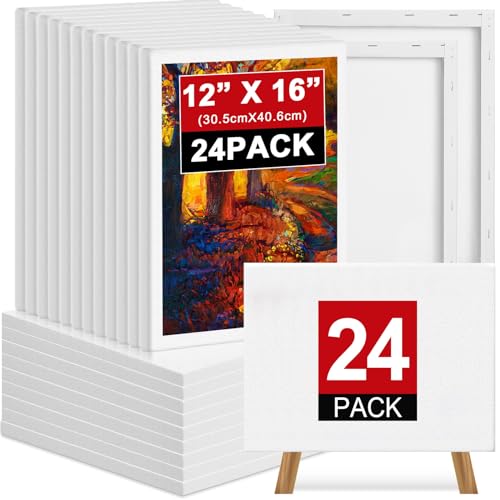 Ireer 24 Pcs Stretched Canvas Bulk, White Canvases for Painting, Cotton Blank Canvas Boards for Kids, Art Supplies Panels for Oil, Acrylic, Watercolor Paint(12 x 16 Inch)