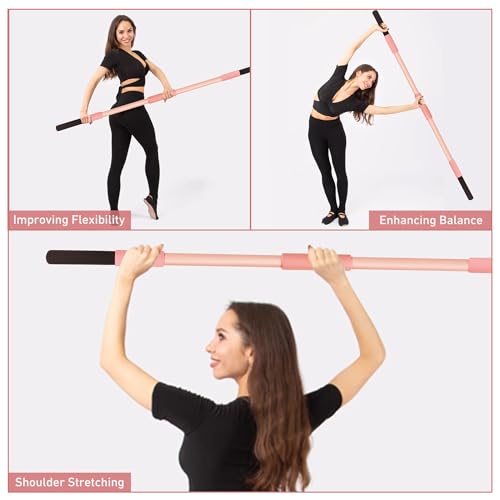 Pink Yoga Stick 58 Inch - Alloy Steel Stretching & Exercise Stick with Neck & Hand Pads, Shoulder Flexibility Tool for Yoga, Pilates & Home Gym Workouts