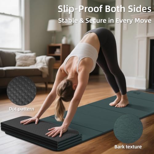 WEILA 1/2 Inch 70"x24" Foldable TPE Yoga Mat, Thick Non Slip Pilates Mat - color: Dark Green