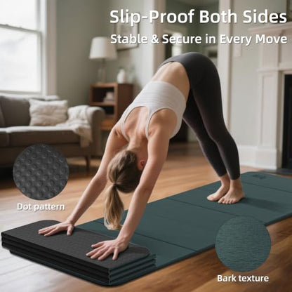 WEILA 1/2 Inch 70"x24" Foldable TPE Yoga Mat, Thick Non Slip Pilates Mat - color: Dark Green