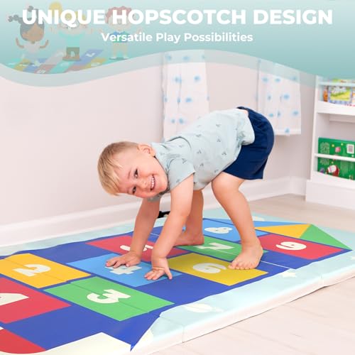 Kangaroo Hoppers Gymnastics Tumbling Mats Foldable Gym Tumble Mat for Kids - color: Blue-Hopscotch Design, size: 3×6FT×1''