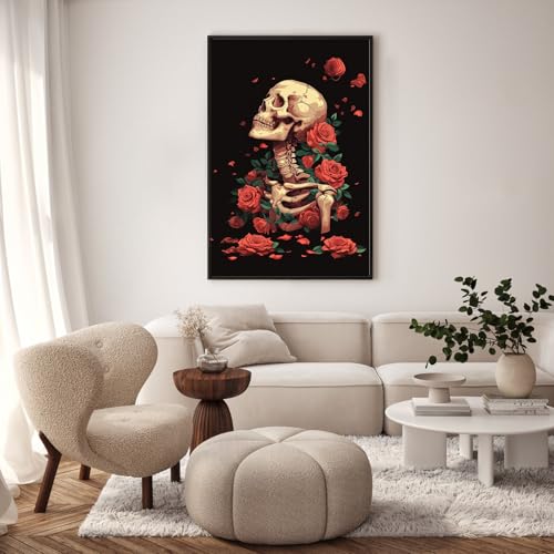 Framed Paint by Numbers Kit for Adults, Skeleton & Red Roses, 8 x 12 Inch | DIY Adult Paint by Number Kit for Beginners, Gothic Wall Decor, Stress Relief Craft Gift, Creative Hobby - color: TRTDOP1PF05