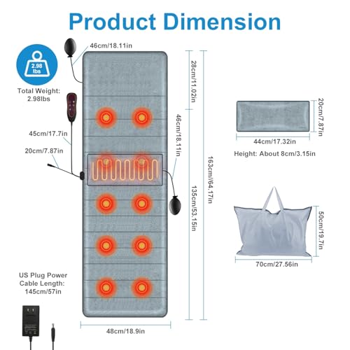 KOCASO Full Body Massage Mat with Heat- Electric Vibration Massage Pad for Chair, Bed & Floor Use with 10 Motors, 9 Modes, 3 Heat Levels, Inflatable Pillow - Ideal Home Office Gift for Women & Men - size: 64.17x18.9x0.98 in