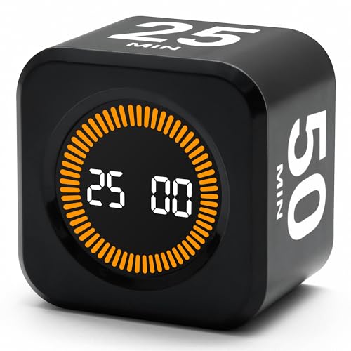 Rotating Productivity Timer, 5, 25, 10, 50 Minute Presets, Desk Cube | Gravity sensor with mute function; ADHD-friendly for work, study, kitchen and back to school - color: Black
