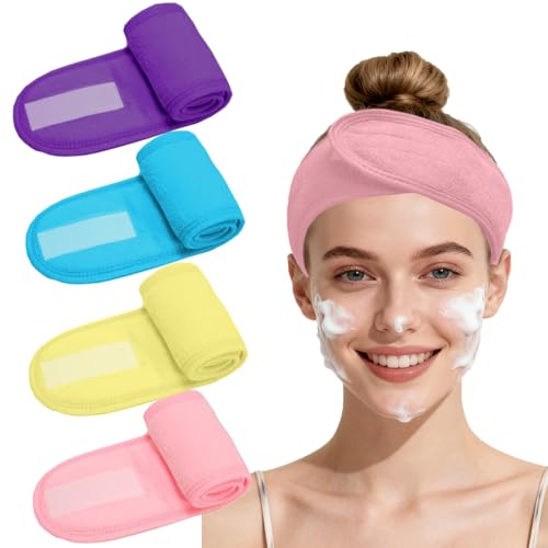 4 Pack Adjustable Makeup Headbands – Non-Slip Spa Facial Headband & Facial Hair Wrap, Adjustable Washable Towel for Shower, Yoga, Gym, Salon & Home Use (Fits All), HZFD-AB - color: Elegant Pink + Blue + Deep Purple + Yellow