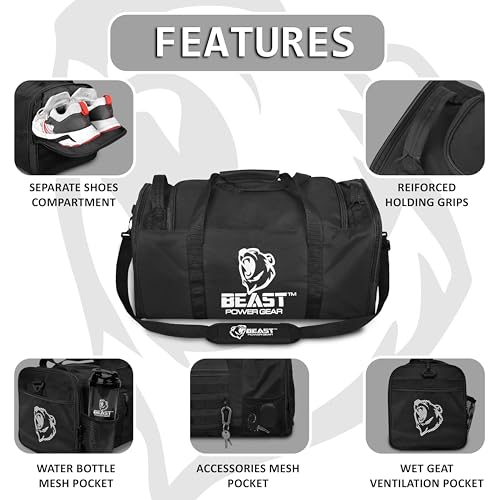 Beast Power Gear Gym Duffle Bag- Workout, Boxing, MMA, Sports Bag with Shoes Compartment and Adjustable Shoulder Strap for Men and Women (Black) - color: Black
