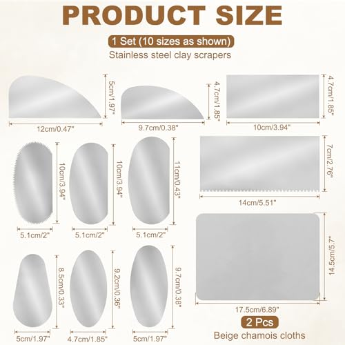 YOKIVE 10Pcs Steel Pottery Tools, Serrated Scraper Clay Ribs 10 Sizes Stainless Steel Sculpture Modeling Cutter Ceramic Tools with 2 Gray Chamois Cloth - color: Gray Chamois Cloth