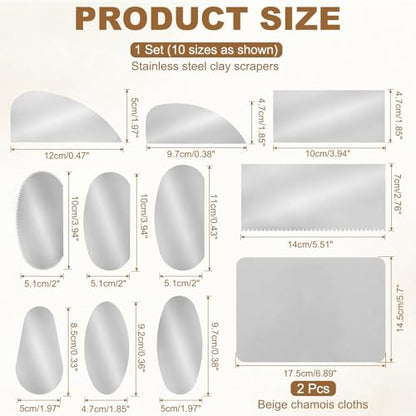 YOKIVE 10Pcs Steel Pottery Tools, Serrated Scraper Clay Ribs 10 Sizes Stainless Steel Sculpture Modeling Cutter Ceramic Tools with 2 Gray Chamois Cloth - color: Gray Chamois Cloth