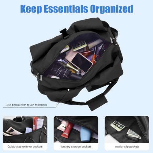 Forestfish Gym Bag For Women With Yoga Mat Holder, Black | Shoe Compartment, Wet Dry Storage Pocket, Removable Shoulder Strap, Lightweight & Water Resistant - color: Black