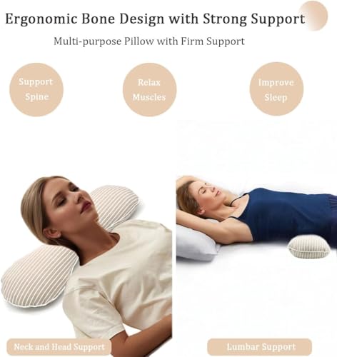 Firm Buckwheat Neck Pillow, Adjustable Height, Cervical Back Support for Neck Pain Relief, Cool Stripe Bone Shape Pillow for Recliner Sleeping, Khaki 19"X7" - color: Stripe Khaki