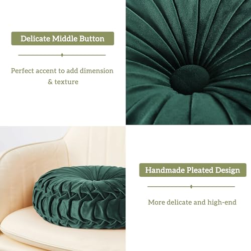 HIG Set of 2 Emerald Velvet Decorative Round Pleated Throw Pillows - color: Emerald