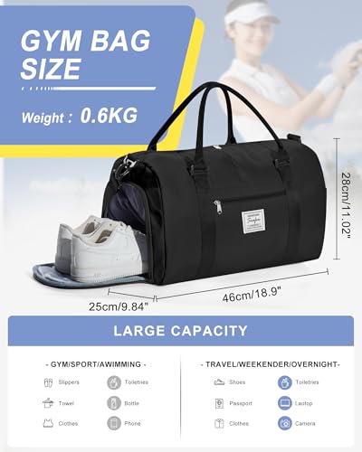 Gym Bags Womens Mens with Shoes Compartment and Wet Pocket Travel Duffel Bag for Women for Plane Sport Gym Tote Bags Swimming Yoga Small Waterproof Weekend Overnight Carry on Bag Hospital Holdalls - color: A4-Black