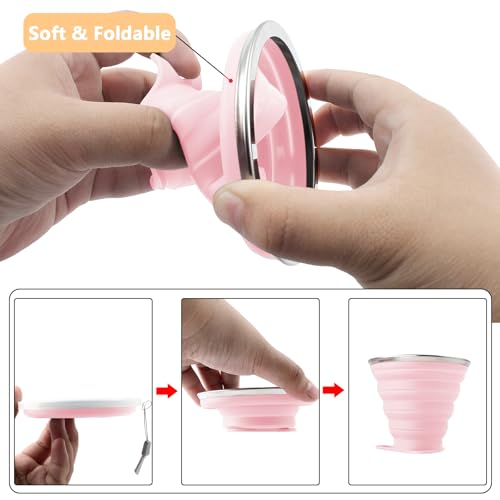 Litoexpe 2 Pack Silica gel Collapsible Travel Cup 270ml, Pink & Green | with Lids, Portable Folding Camping Cup, for Camping and Travel - color: Pink & Green
