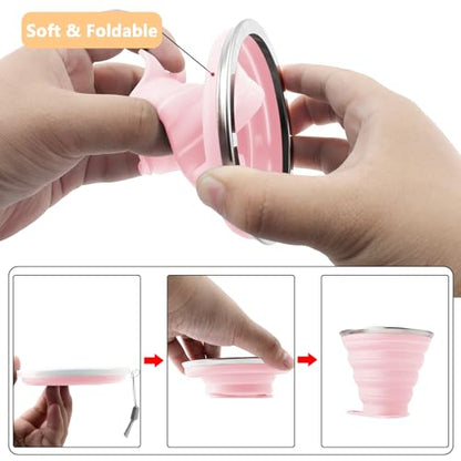 Litoexpe 2 Pack Silica gel Collapsible Travel Cup 270ml, Pink & Green | with Lids, Portable Folding Camping Cup, for Camping and Travel - color: Pink & Green