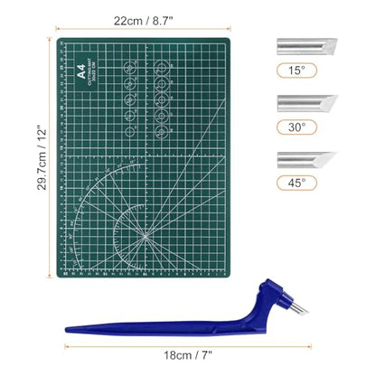 HARFINGTON Craft Cutting Tools 15/30/45 Degree Blades 360 Degree Rotating Blade Stainless Steel Cutter Pen Knife with Mat for DIY Crafts Stencils Scrapbooks, Blue - color: Blue