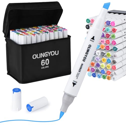 OLINGYOU alcohol markers brush tip, 60 Colors Brush & Chisel Permanent Alcohol Markers Set, Dual Tip Art Markers Set for Adult Coloring Book - color: 60PCS