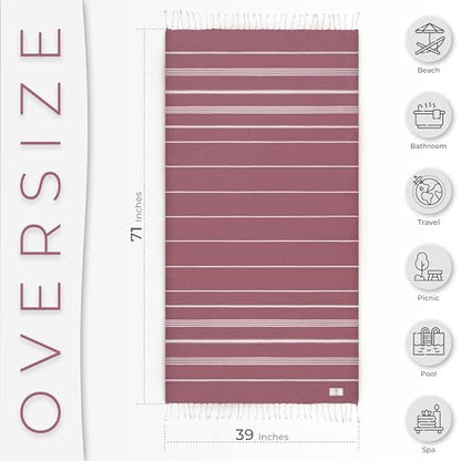 Ossano Turkish Beach Towel Lightweight & Striped Extra Large (39" x 71") - Quick Dry, Versatile and Functional as Bath, Yoga Mat, Gym Towel, Travel Blanket, Picnic Blanket - Burgundy - color: Burgundy