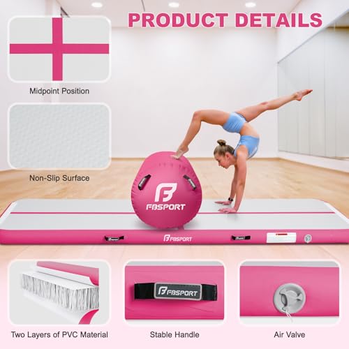 FBSPORT Inflatable Air Gymnastics Mat 4 inches Thickness and Air Roller 40x23.6 inches with Electric Air Pump 10ft/13ft Training Mats for Home Use Cheerleading Outdoor Training Park Yoga Beach - color: Pink, size: Mat: 10ft x 3.3ft x 4in | Roller: 39.37in