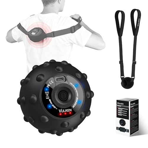 Vulken Vibrating Massage Ball with SphereStrap, Hands-Free Back Massager | 4-Speed Electric Deep Tissue Massage Ball with 4000 RPM Vibration for Hard-to-Reach Areas, Shoulders & Legs - color: Black