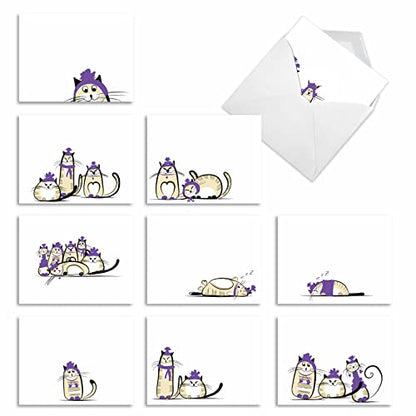 The Best Card Company - 10 Blank Yoga Note Cards (4x 5.12 Inch) - Boxed Notecards with Envelopes, Cute Animal Cards, Zen Assortment - Purple Purrs M3966 - style: Purple Purrs