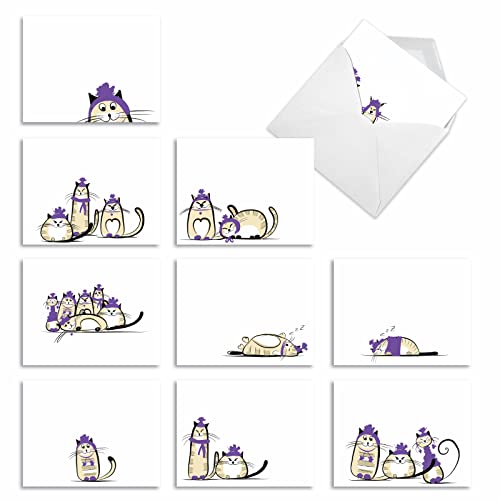 The Best Card Company - 10 Blank Yoga Note Cards (4x 5.12 Inch) - Boxed Notecards with Envelopes, Cute Animal Cards, Zen Assortment - Purple Purrs M3966 - style: Purple Purrs